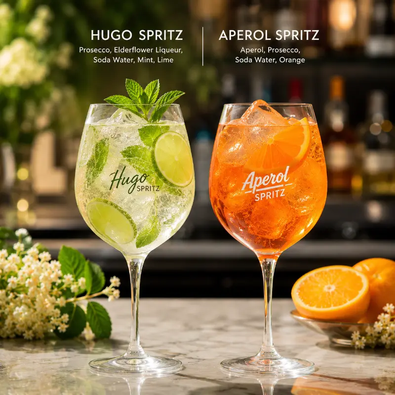 Comparison between Hugo Spritz and Aperol Spritz cocktails
