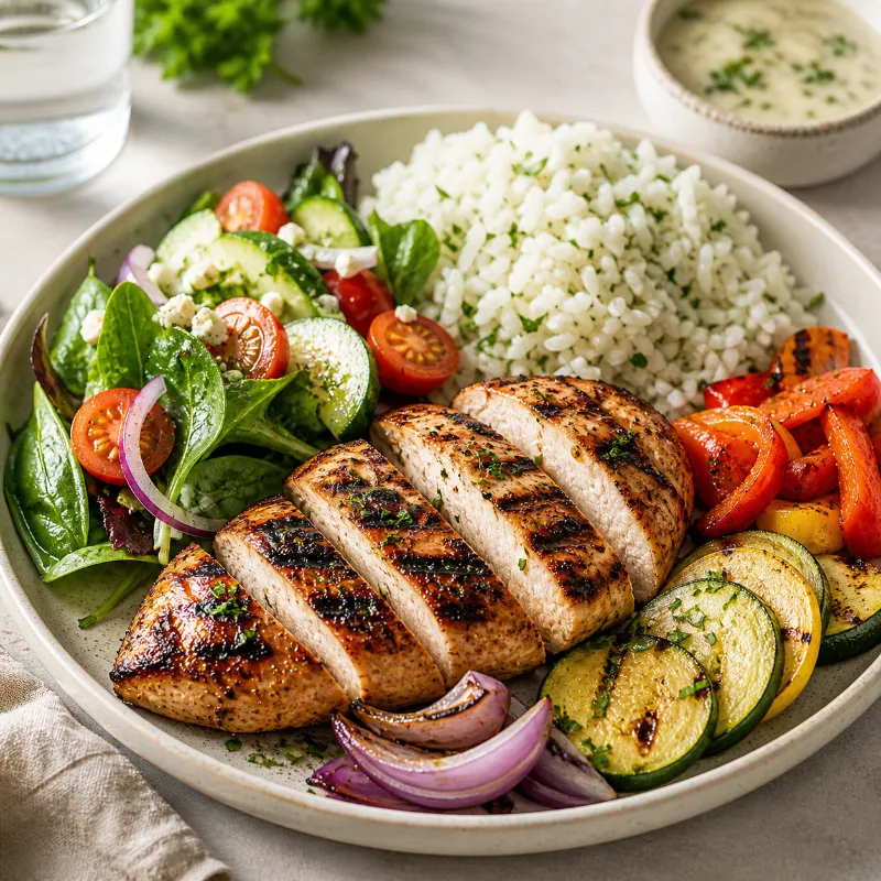 main dish with side dishes like rice vegetables and salad
