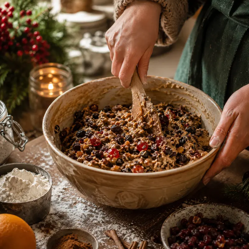 Mixing homemade Christmas cake batter with dried fruits