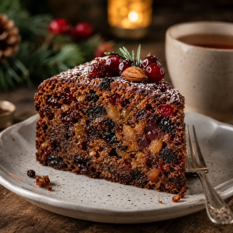 Slice of moist Christmas cake showing rich fruit texture