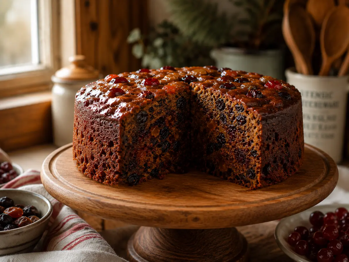 Gallery 8 Moist fruit cake sliced on a wooden cake stand