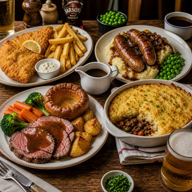 popular british recipes like fish and chips and bangers and mash