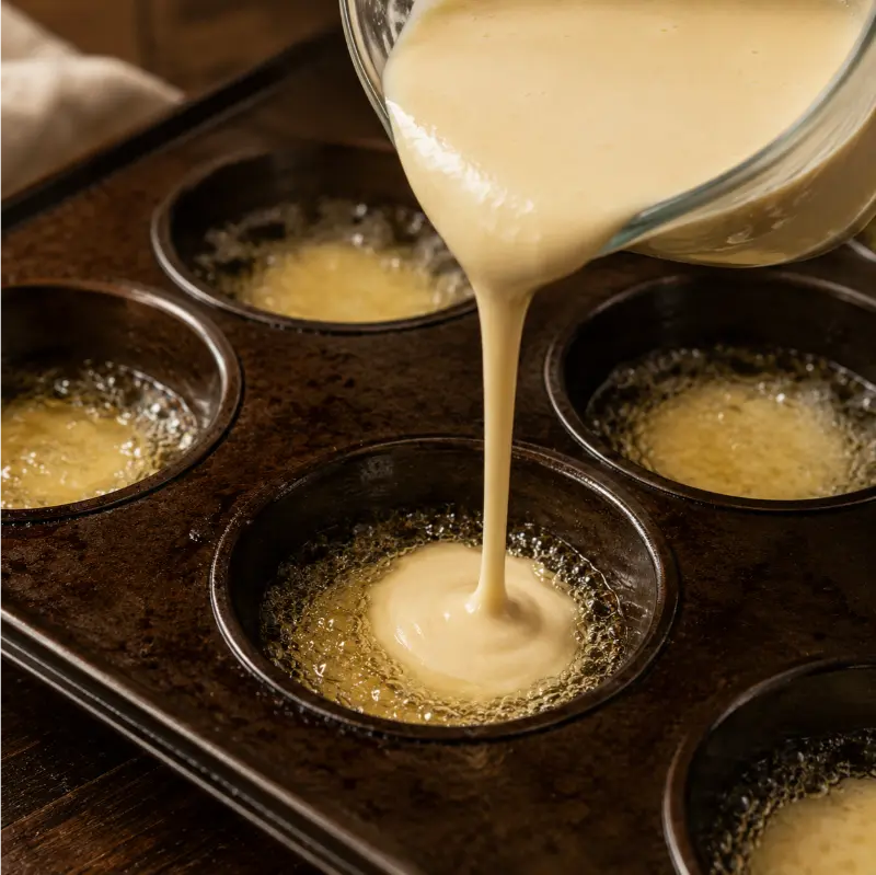 Yorkshire pudding batter being poured into sizzling hot muffin tray