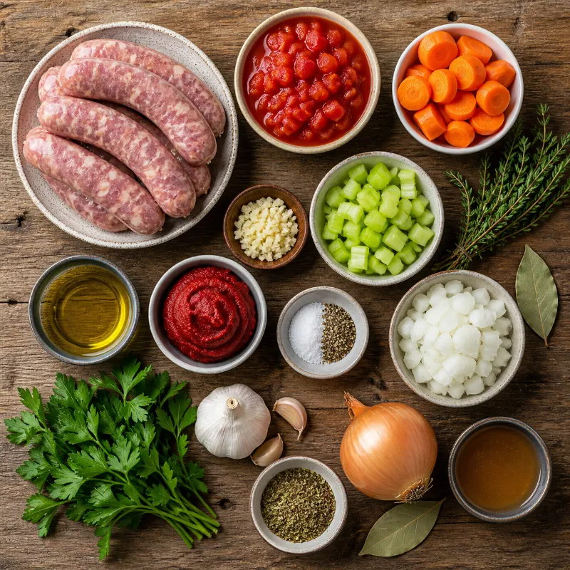 ingredients for sausage casserole recipe arranged on table