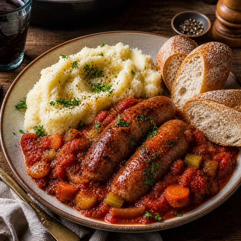 sausage casserole served with mashed potatoes and bread