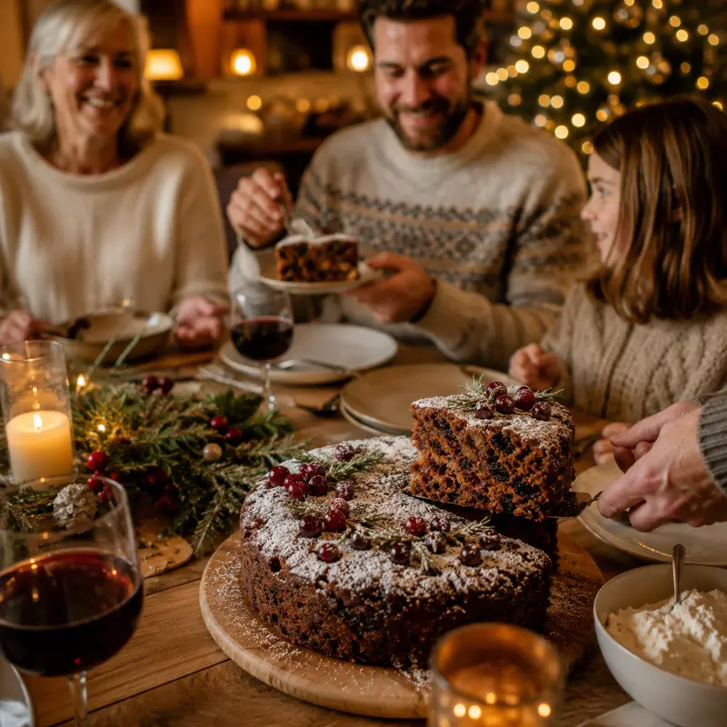 Serving homemade Christmas cake during holiday family dinner