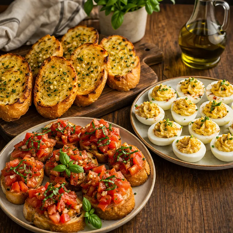easy homemade appetizer recipes like garlic bread and deviled eggs
