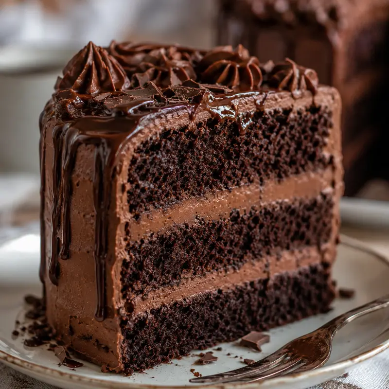 Soft and moist chocolate birthday cake slice close-up