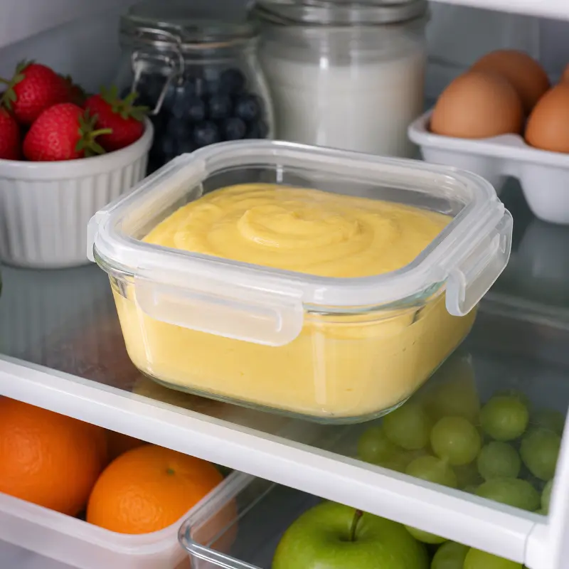 Fresh homemade custard stored in covered glass container