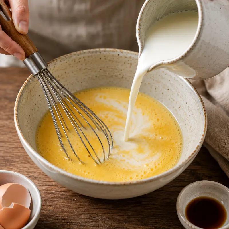 Pouring warm milk into egg mixture while making custard