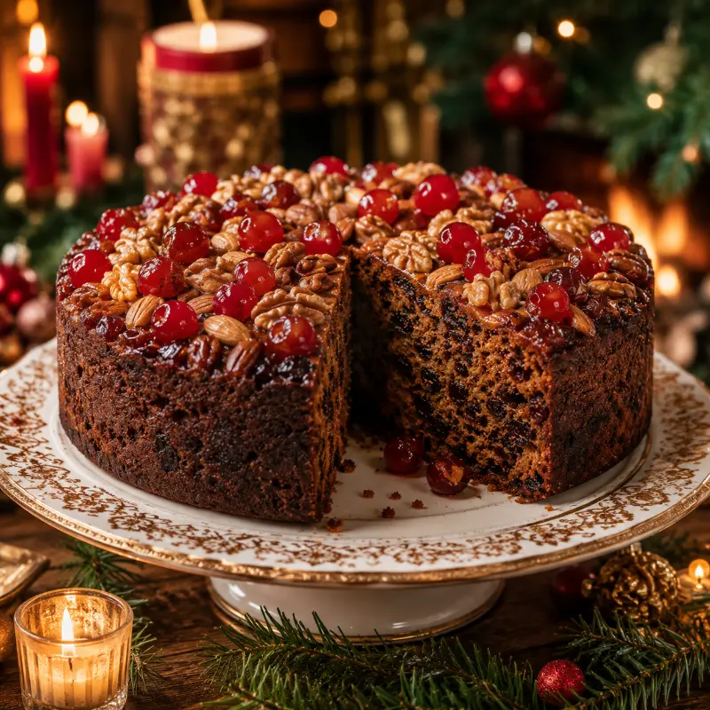Traditional British Christmas fruit cake with festive decorations