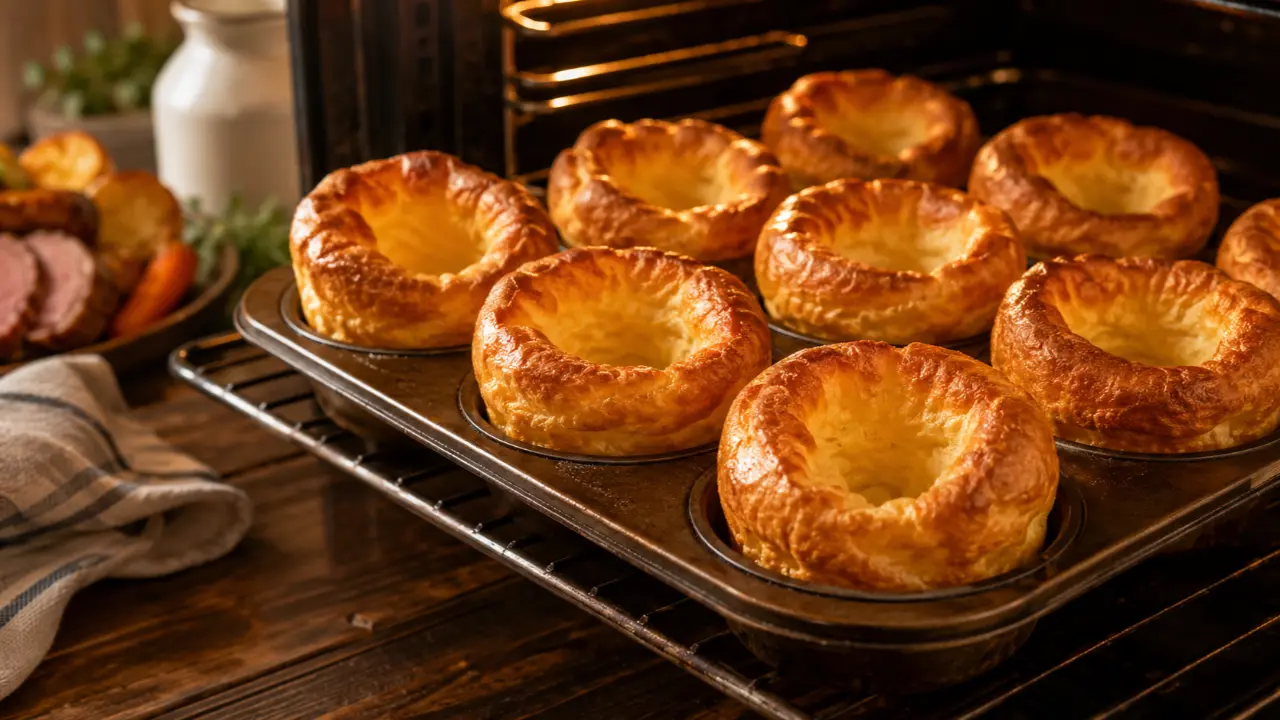 Traditional Yorkshire Puddings recipe with crispy golden edges fresh from the oven