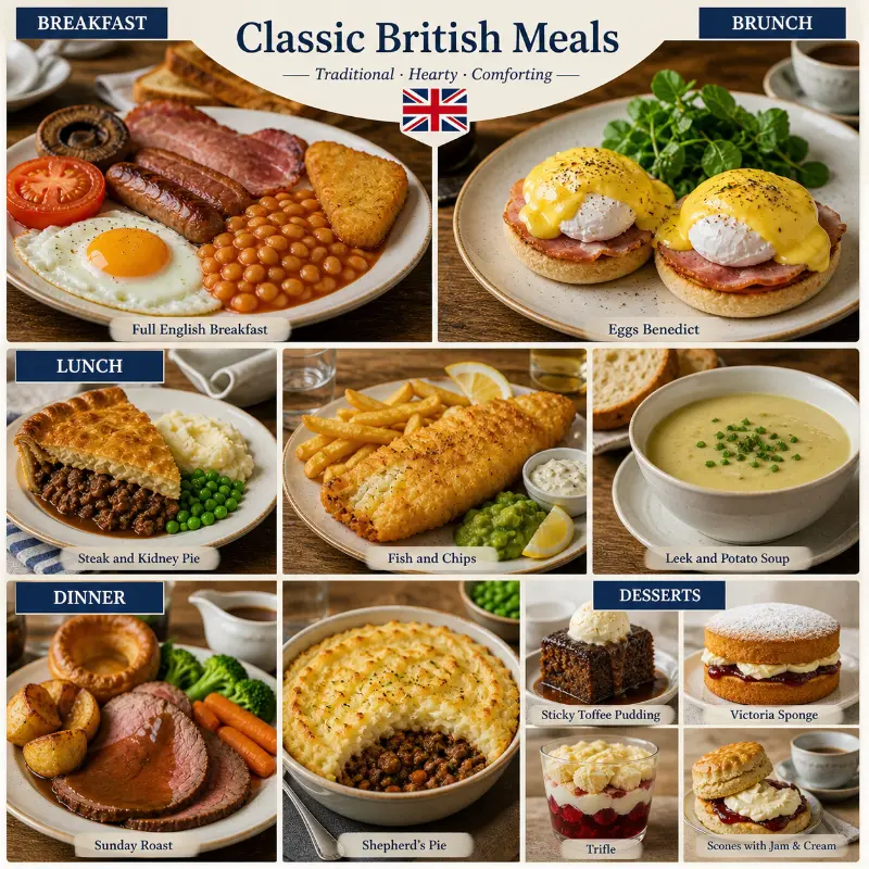 different types of british meals breakfast lunch dinner and desserts