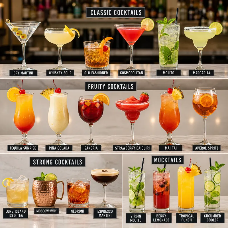 different types of cocktails including classic fruity and mocktails