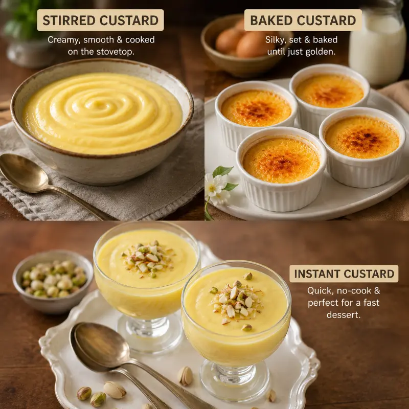 Stirred baked and powder custard varieties displayed together