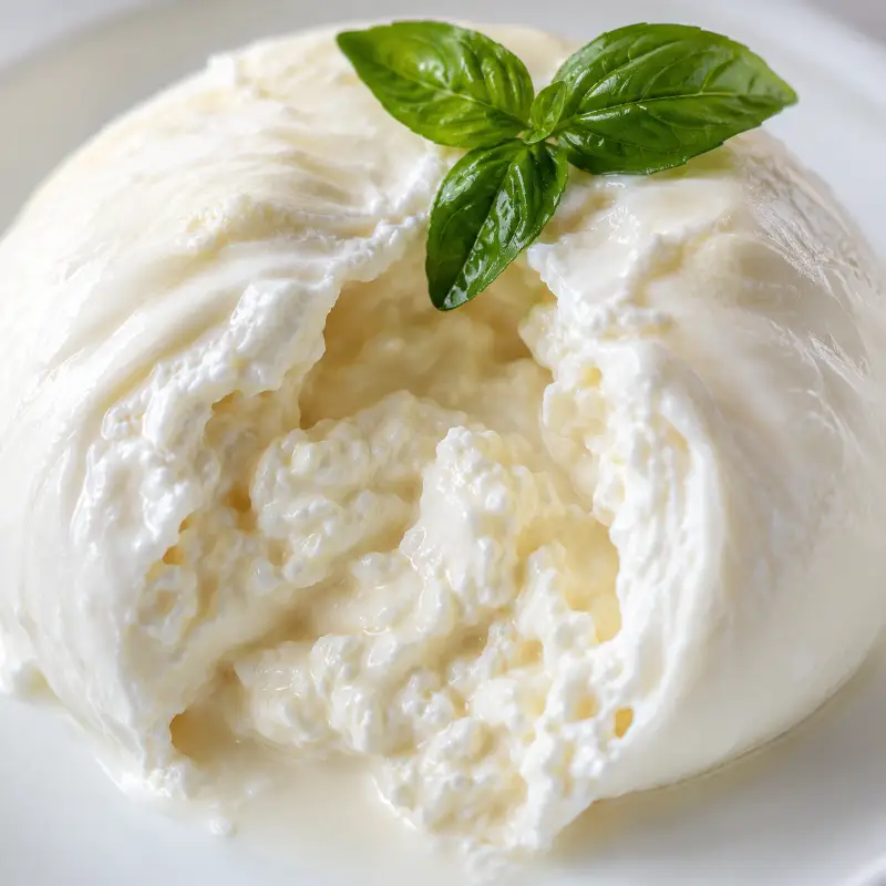 Burrata Appetizer Recipe showing creamy burrata cheese center close up