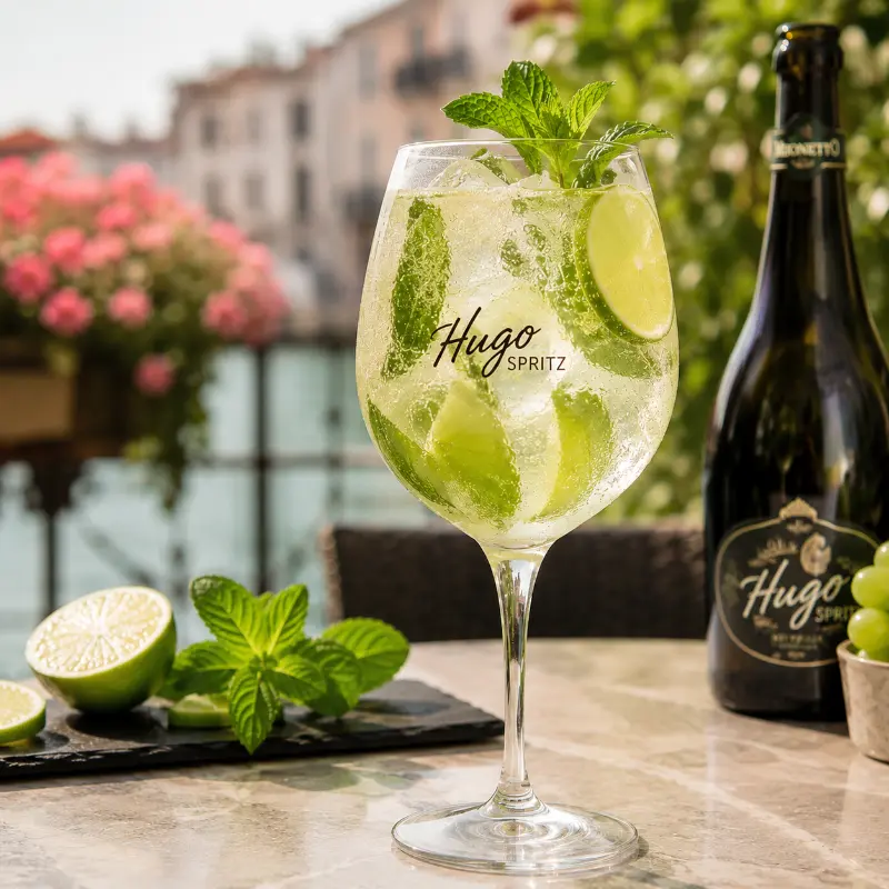 Classic Italian Hugo Spritz cocktail with elderflower and prosecco
