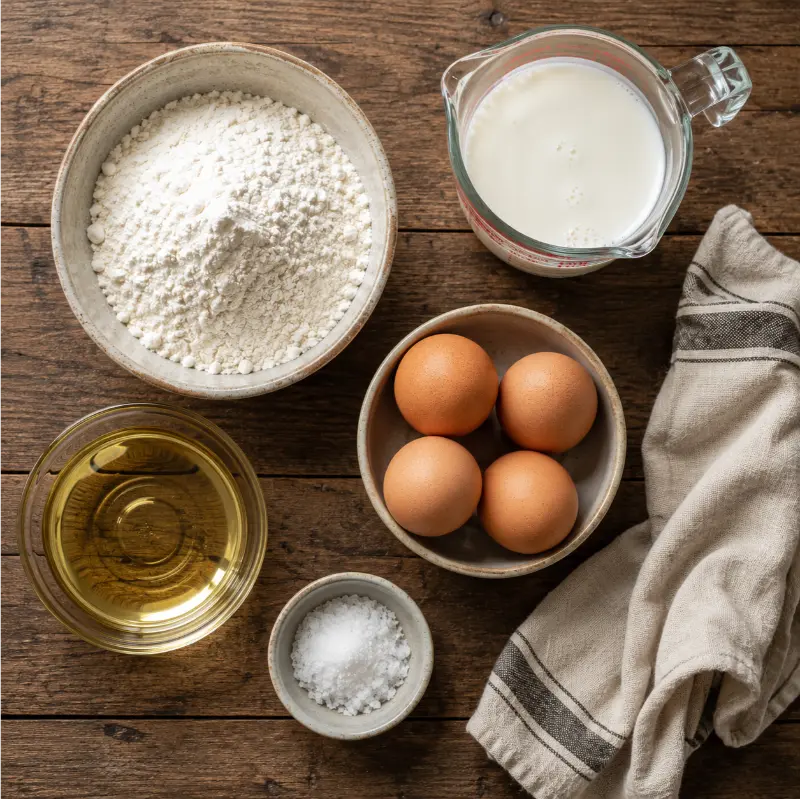 Ingredients for homemade Yorkshire puddings including eggs flour milk and oil