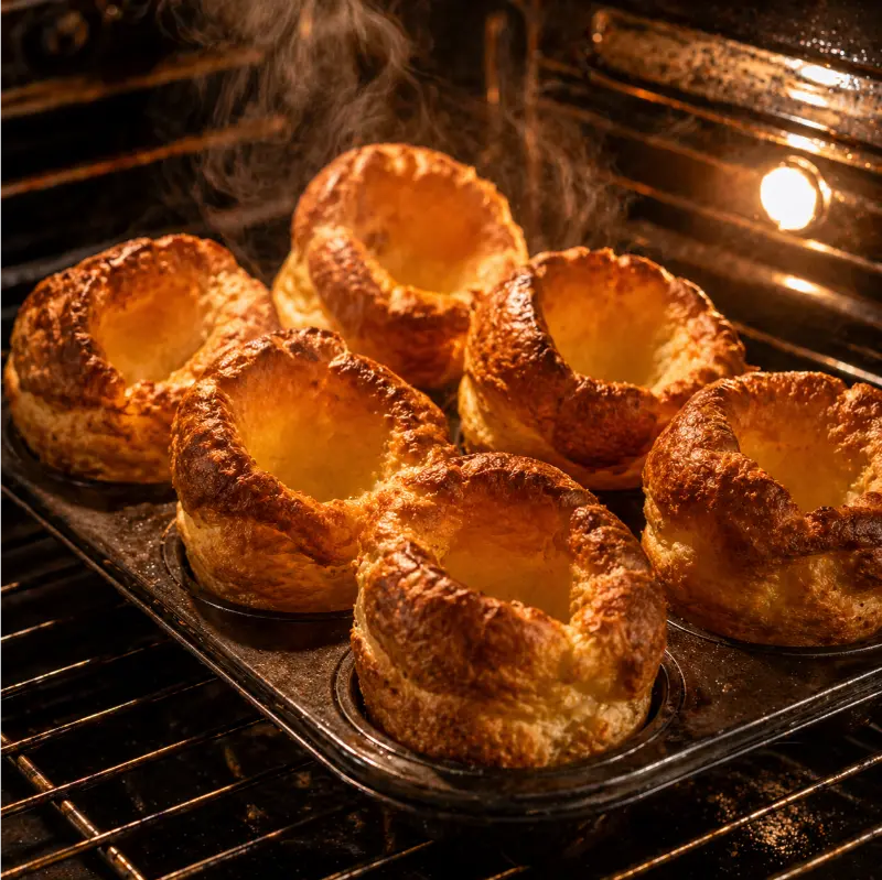 Yorkshire puddings rising tall inside hot oven during baking